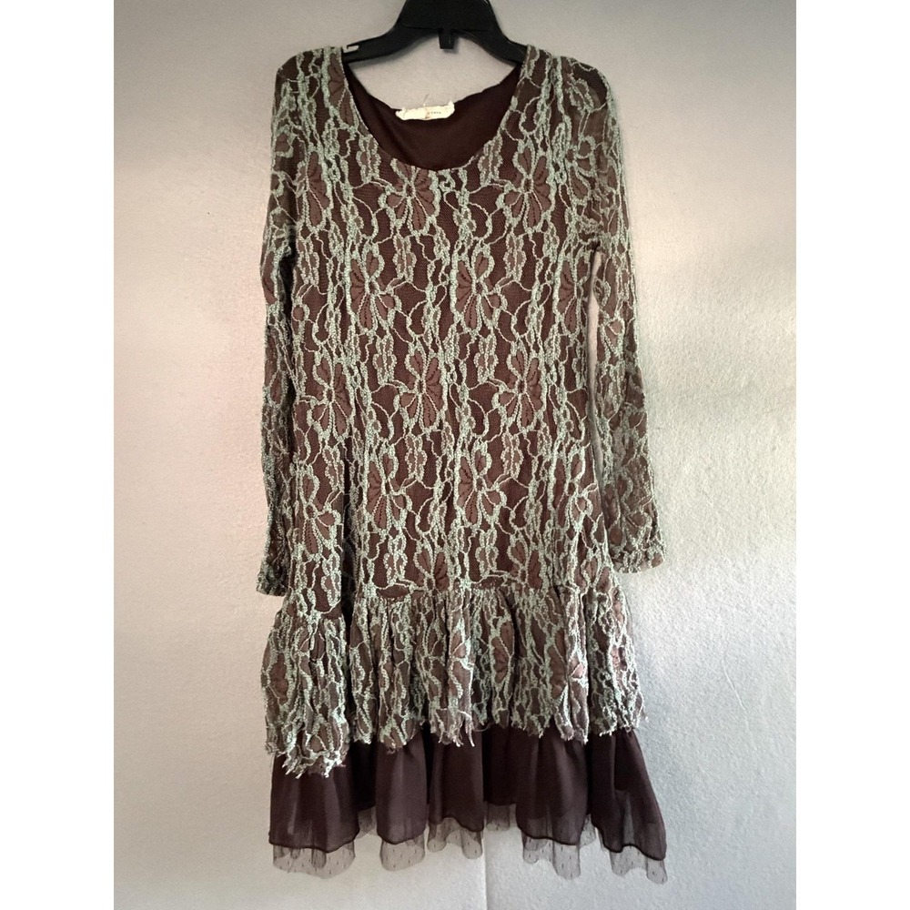 A'reve Dress Womens S Brown Lace Floral Ruffle Hem Long Sleeve Shift Lined Boho